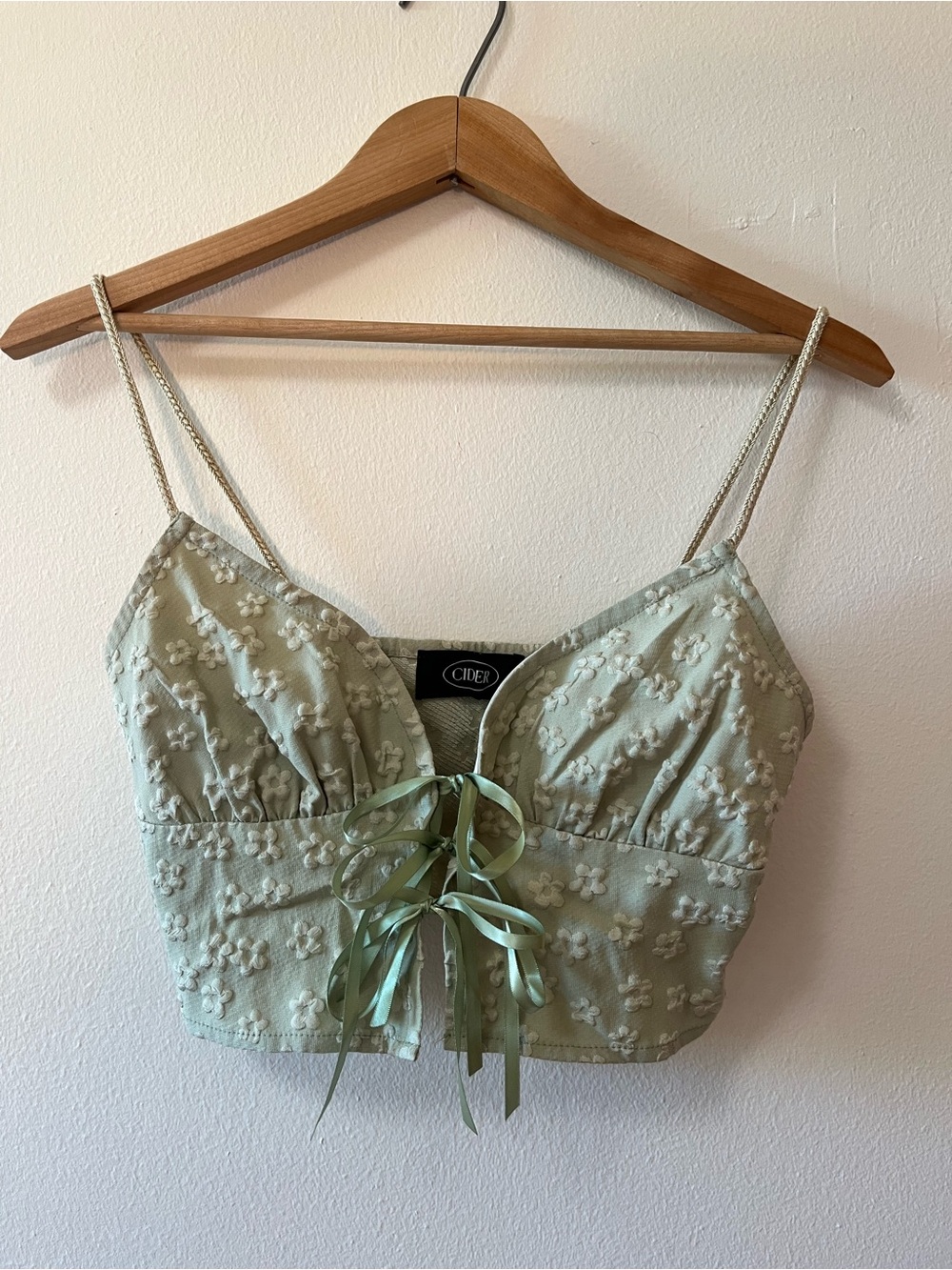 Cider Sage Green Embroidered Tie-Front Crop Top